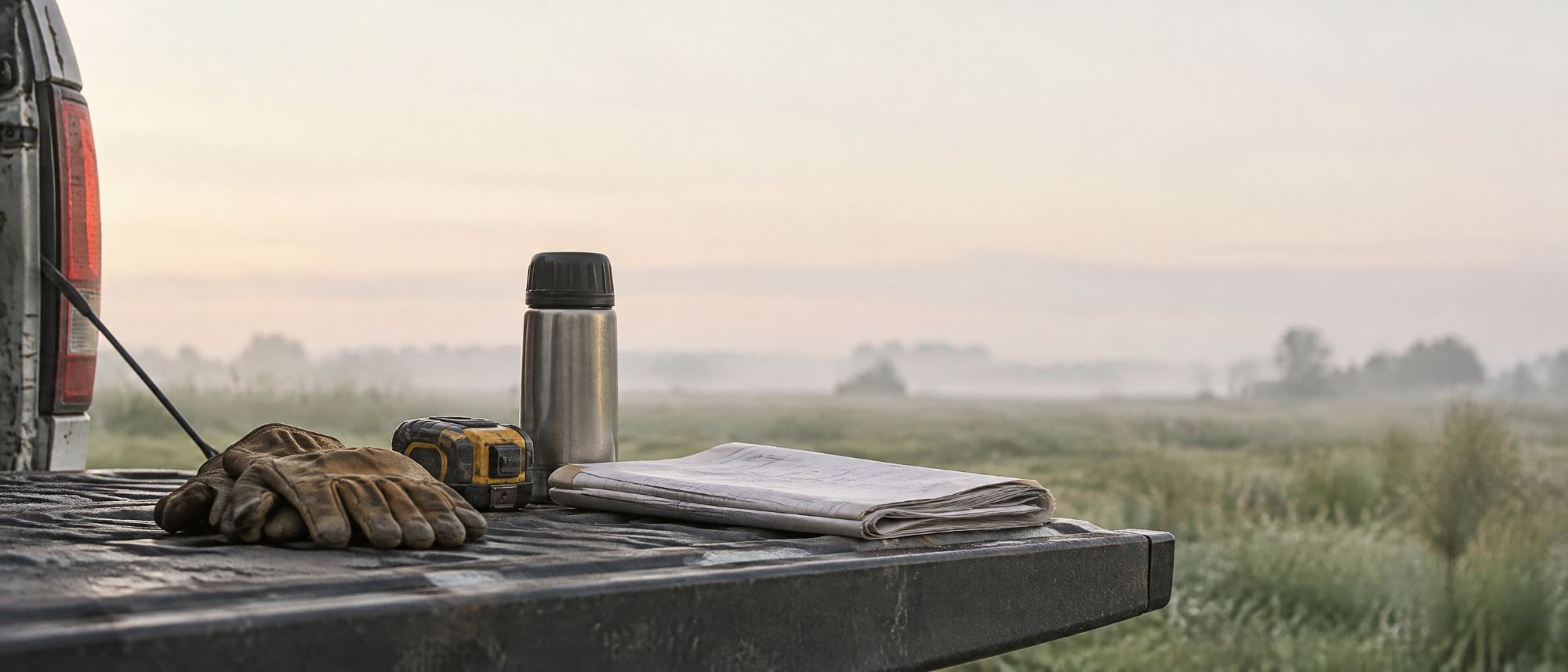 Work gloves, a tape measure, a thermos and folded plans on a truck tailgate at dawn