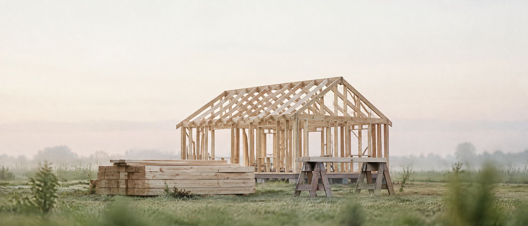 A new timber house frame going up in a misty field at dawn