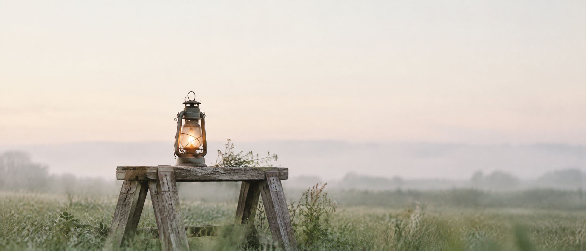 A work lantern glowing on a sawhorse at the edge of a misty field at dawn