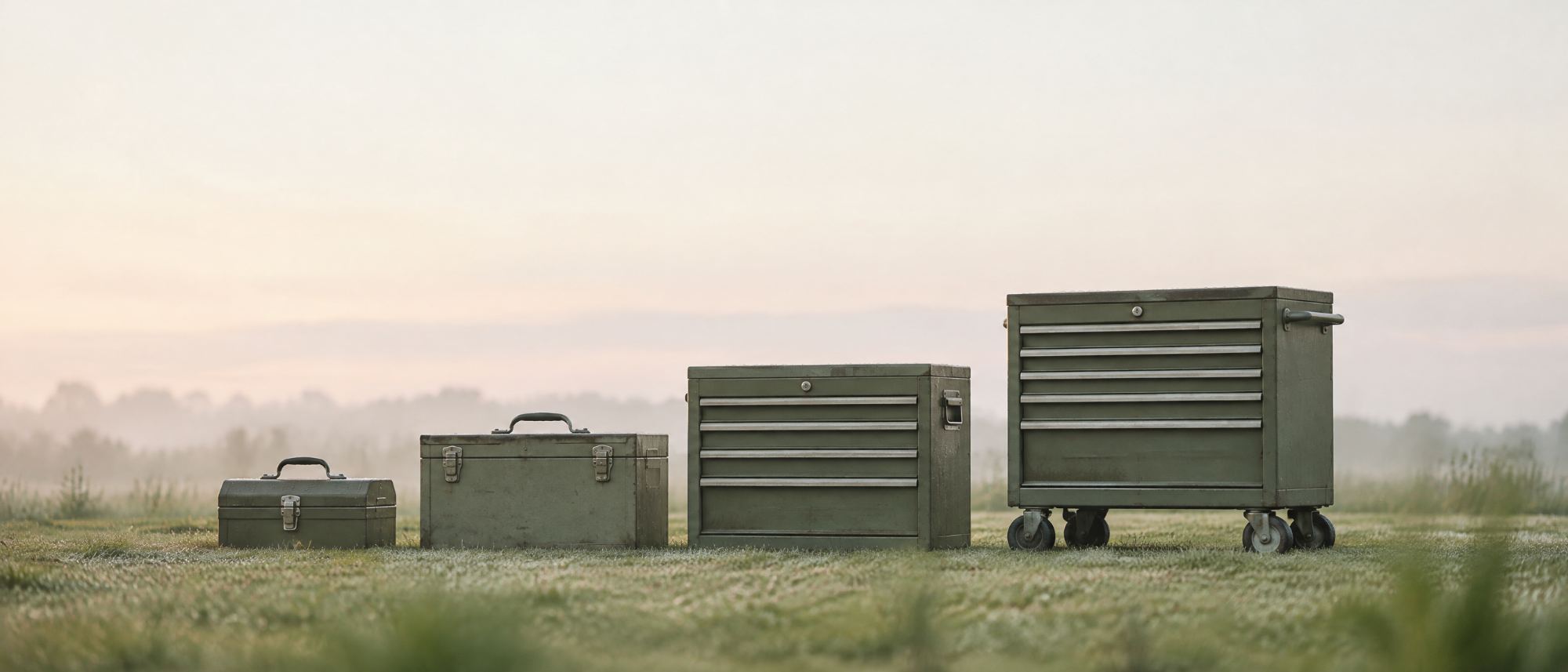Four steel toolboxes of increasing size lined up on the grass in a misty field at dawn